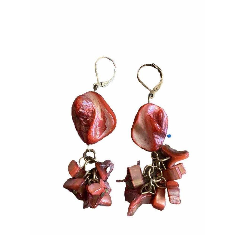 Vintage Earrings Shell Dangle Pink Red Metallic Beach NG